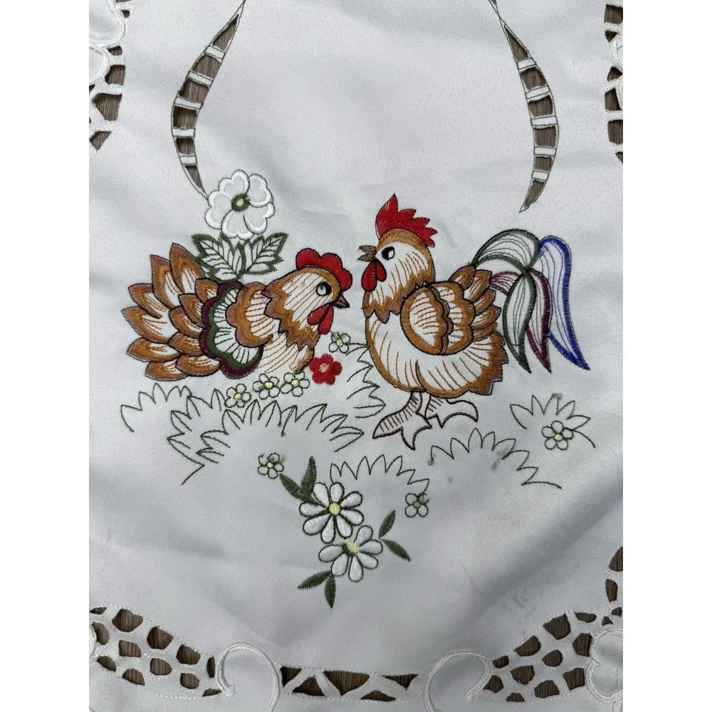 Chicken Cross Stitch Linen Hand Embroidered White Dresser Table Runner 33